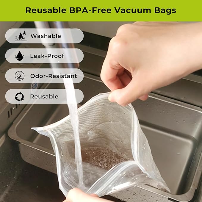 Handheld Vacuum Sealer for Food, 65kPa Portable Vacuum Pump with 20 BPA-Free Reusable Food-Grade Bags, Type-C Rechargeable for Meal Prep, Leftovers, Freezer Storage, Sous Vide & Containers