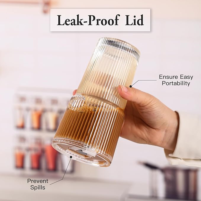4PCS Ribbed Glass Cups with Lids and Straws, 20oz Vintage Drinking Glasses, Aesthetic Iced Coffee Cups, Glass Tumbler for Boba, Beer, Tea, Cocktails, Ribbed Glassware Set,Clear