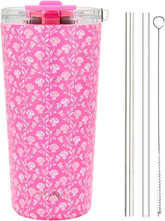 Drinco - 20 oz Stainless Steel Tumbler | Double Walled Vacuum Insulated Mug With Lid, 2 Straws, For Hot & Cold Drinks (20oz Pink Rose)