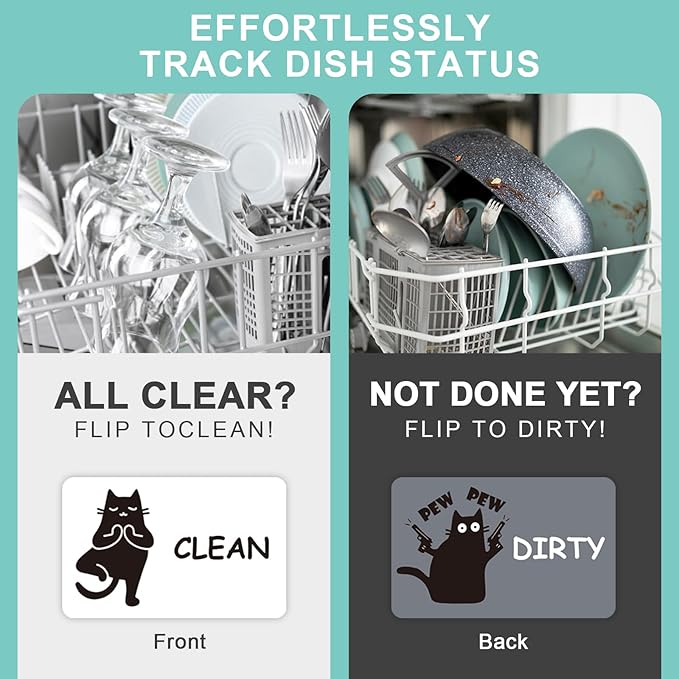 Funny Black Cat Clean Dirty Dishwasher Magnet - Cute Refrigerator Kitchen Magnet, Non-Scratch Strong Double Sided Washing Machine Sign, Housewarming Gifts for Cat Lovers, Home Apartment Essentials (White&Gray)