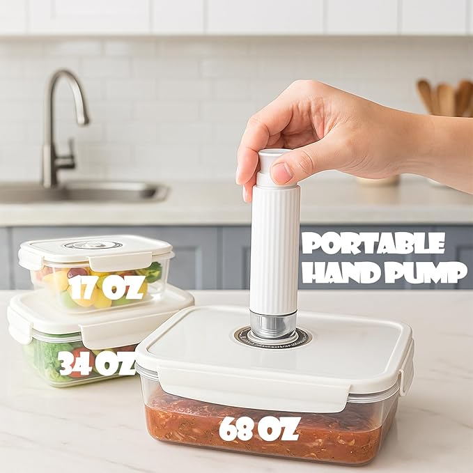 VICARKO 3-Piece Stackable Vacuum Food Storage Containers Set with Hand Pump, 17 oz/ 34 oz/ 68 oz, White, BPA-Free, Airtight, Leakproof, Date Tracker