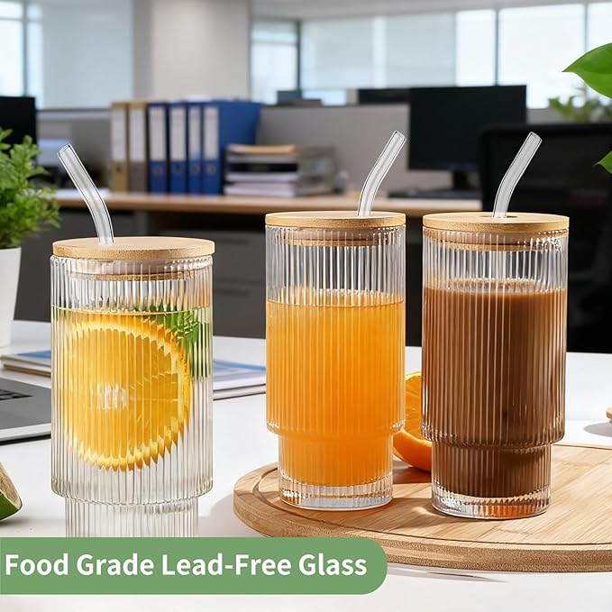 6 Pack Glass Cups with Lids and Straws, 16oz Ribbed Drinking Glasses Tumblers Durable Drinkware Water Glasses Cup Ideal Gift for Home, Kitchen, Office