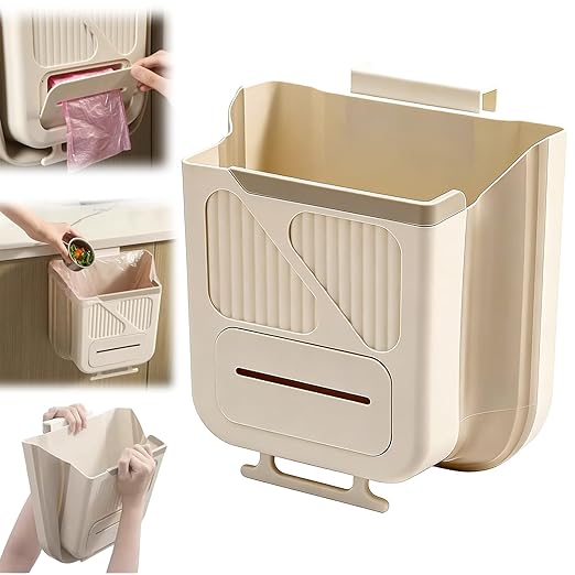 Folding Hanging Kitchen Waste Trash Can, Collapsible Space-Saving Foldable Hanging Garbage Bin for Cabinet Door, Kitchen, Bathroom, RV and Office (Milky White,7L)
