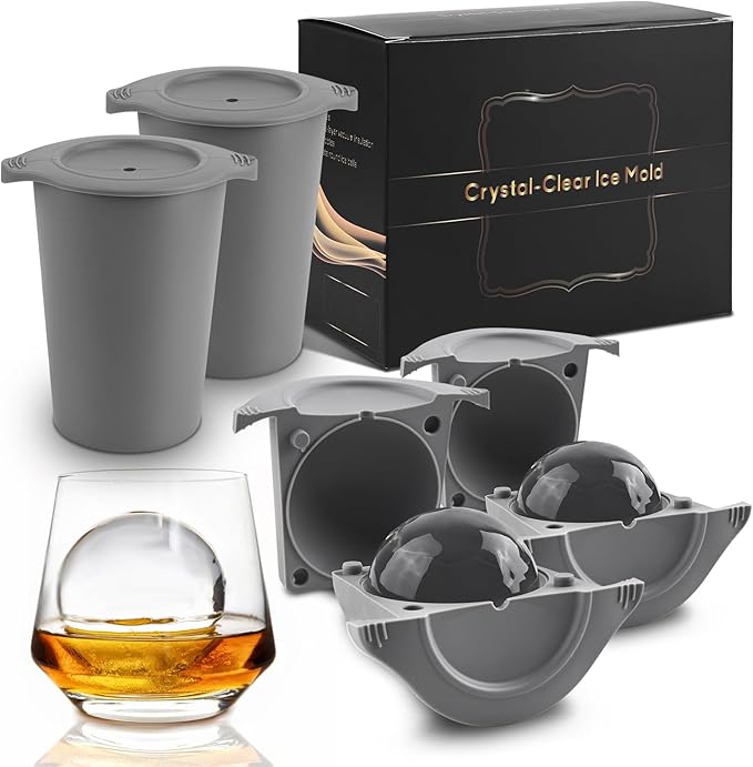 Clear Ice Cube Maker 2.5 Inch, Sphere Ice Ball Molds for Whiskey, Stainless Steel Clear Ice Mold with Non-BPA Silicone, Easy-Release Round Ice Cube Tray for Cocktails Bourbon (2 Pack, Gray)