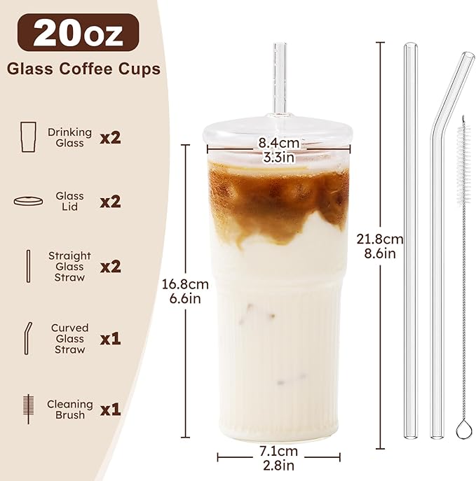 GOSCHE Glass Cups with Lids and Straws, 20oz Glass Cups Drinking Jar, Clear Iced Coffee Cups, Vintage Ripple Glass Tumbler for Water Coffee Tea, Clear, 2Pcs