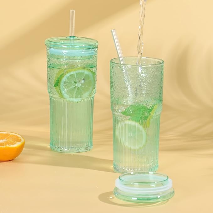 QWEZXO 20 OZ Glass Cup with Lids and Glass Straws, High Borosilicate Iced Coffee Glass Tumblers with Lid and Straw for Drinks, 2pcs Reusable Wide Mouth Smoothie Cup(Cyan)