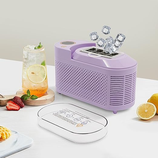 Portable Small Ice Maker, Mini Ice Cube Maker Countertop, 12V/AC Dual Power Quiet Compact Ice Machine with Clear Cover and Clip, for Home Kitchen, Camping RV, Dormitory, Office (Purple)