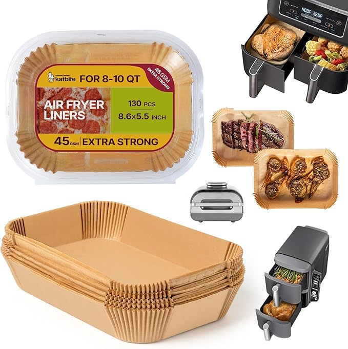 Katbite Air Fryer Liners Disposable - 8.6x5.5'' 130PCS Rectangle Paper Liners, Thick Airfryer Parchment Paper Liners for Dual Air Fryer, DZ201, DZ401, FG551