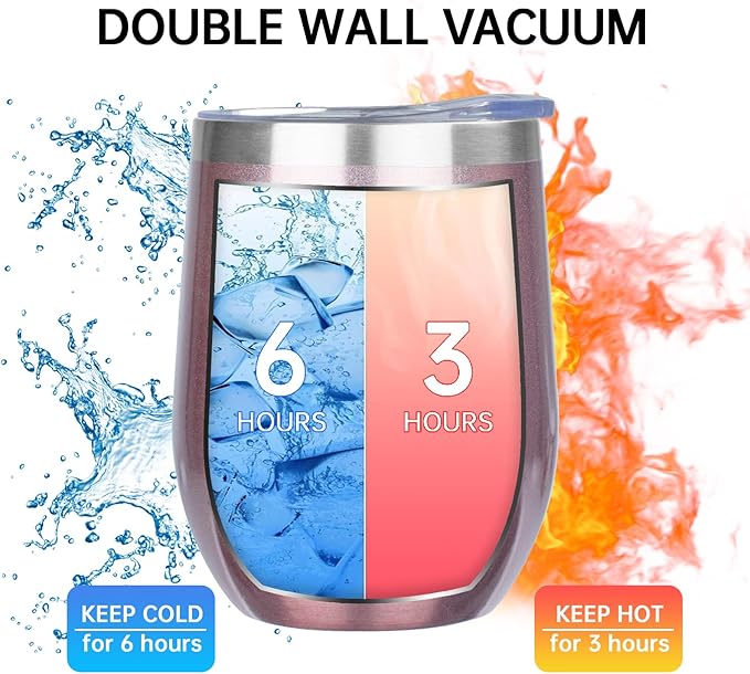 MEZMUT 12 Oz Insulated Wine Tumbler with Lid Double Wall Vacuum Stainless Steel Wine Glass Coffee Mug Insulated Tumbler Cup for Champaign, Cocktail, Beer (Rose Gold, 6 Pack)