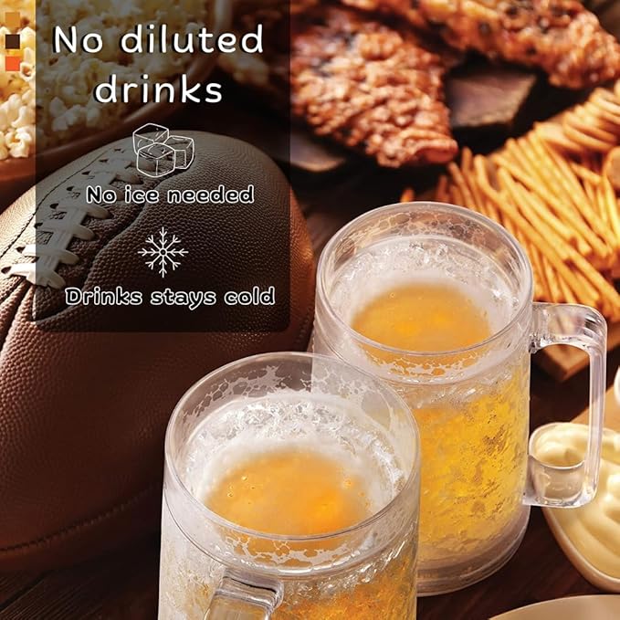 luxail Beer Mugs For Freezer, Double Wall Insulated Plastic Beer Glasses – Freezer Mugs, 16 oz – Perfect Frozen Beer Mugs for Home Bar Accessories, Gifts for Men, 2 Pack