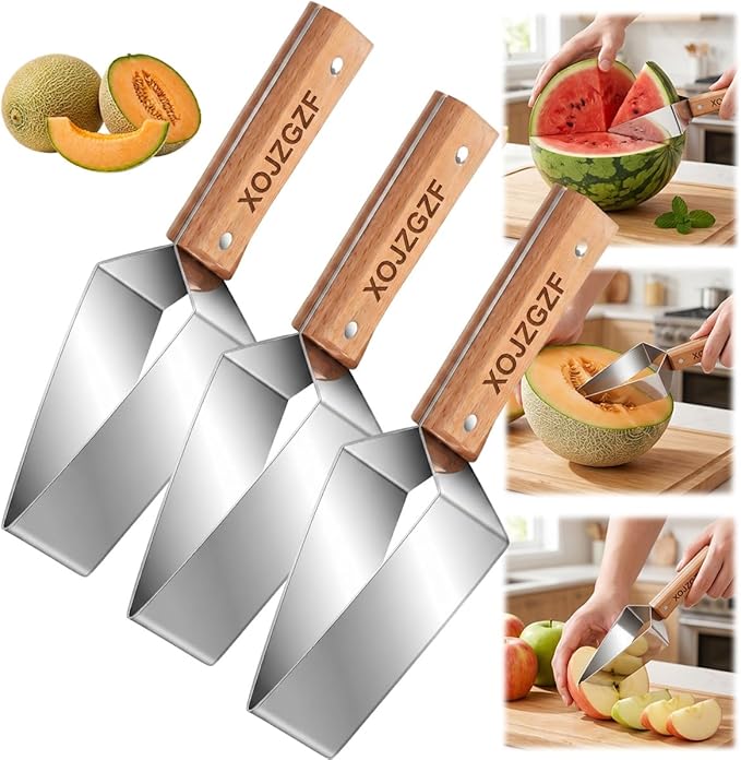 Triangle Watermelon Cutter, Stainless Steel with Wooden Handle - Melon Slicer, Fruit, Pineapple Fork Knife Gadgets Tool, Cantaloupe Peeler Cutting Summer Cut, for Kitchen Home Camping Picnic(3PCS)