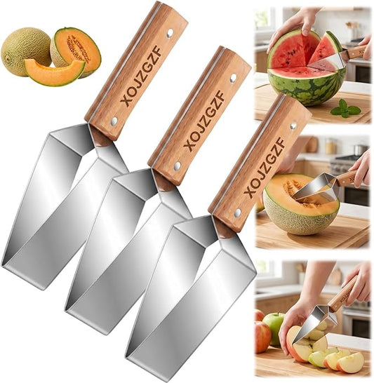 Triangle Watermelon Cutter, Stainless Steel with Wooden Handle - Melon Slicer, Fruit, Pineapple Fork Knife Gadgets Tool, Cantaloupe Peeler Cutting Summer Cut, for Kitchen Home Camping Picnic(3PCS)
