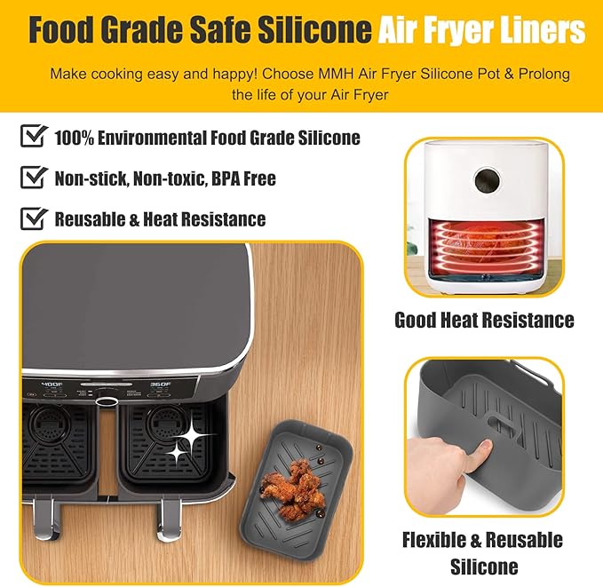 2Pcs Air Fryer Silicone Liners Rectangular for Ninja Foodi Dual DZ201 8QT/DZ090 6QT/Ninja DoubleStack SL201 8QT, MMH Reusable Airfryer Pot Baking Basket | Non-stick | Easy Cleaning | Food Safe | Gray