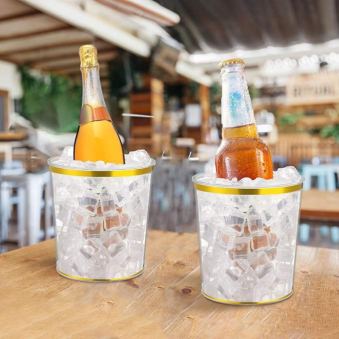 Ice Buckets Bulk, 6 Liter Plastic Round Ice Buckets, Disposable Storage Drink Tub or Party Bar Wine Beer Champagne Beverage Bottle Cooler(Clear,Gold Rim and Glitter,18 Pcs)