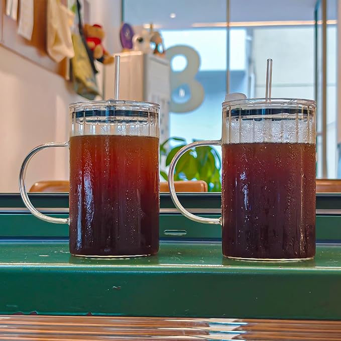 20oz Glass Tumblers with Lids and Straws - Stylish Vintage Ribbed Design for Iced Coffee, Juice, Smoothies, Milkshakes, Cold Beverages & Whiskey Cocktail Beer (Thick Inner Ridge)
