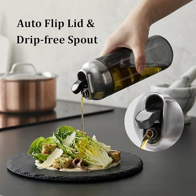 Aelga Olive Oil Dispenser Bottle for Kitchen, 2-Pack 14oz Dark Glass Oil and Vinegar Dispenser Set, Auto Flip Lid, UV-Protected Cooking Oil Cruet with Drip-Free Pour Spout
