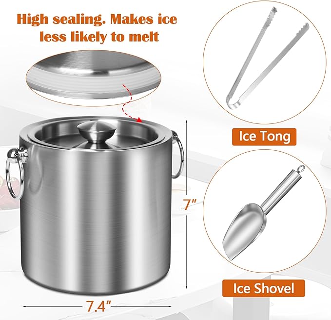 Ice Bucket with Lid & Tong- Well Made Insulated Stainless Steel Keep Ice Frozen Longer - Ideal for Cocktail Bar, Parties, Chilling Wine, Champagne - 3 Liter (Stainless Steel)