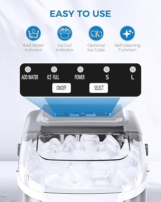 Electactic Ice Maker Countertop 26.5Lbs/24H 8 Bullet ICES in 6 Mins – Self Cleaning Portable Ice Maker for Home Use, Office & Party, with Ice Basket and Scoop