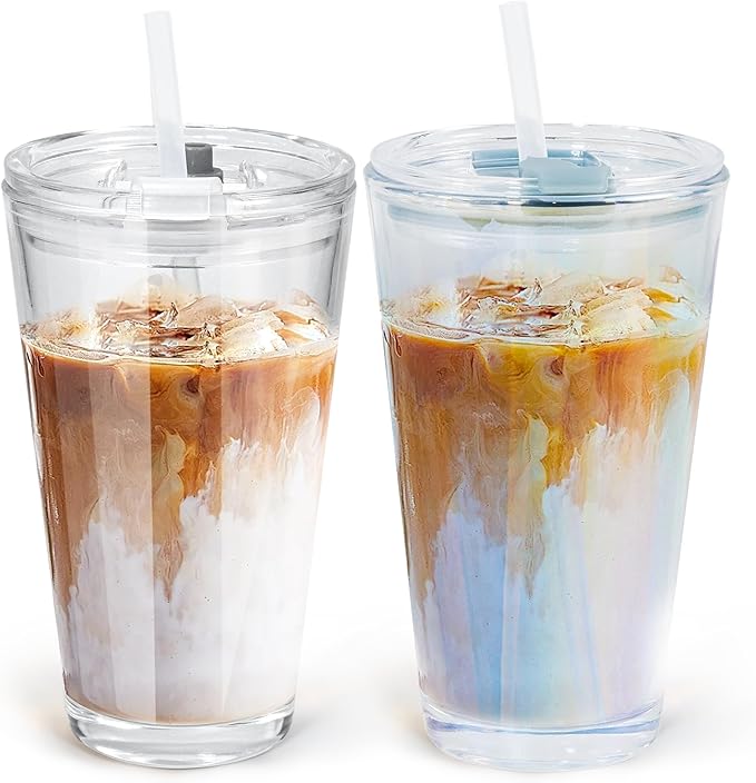 15oz Glass Cups with Lids and Straws Iced Coffee Glasses Tumbler Leak Proof Drinking Glasses Set of 2 for Gift Cold Drink Smoothie Boba Tea(Blue & Clear)