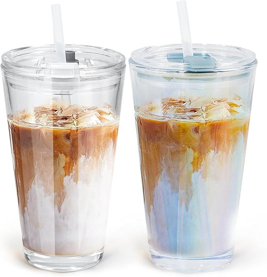 15oz Glass Cups with Lids and Straws Iced Coffee Glasses Tumbler Leak Proof Drinking Glasses Set of 2 for Gift Cold Drink Smoothie Boba Tea(Blue & Clear)