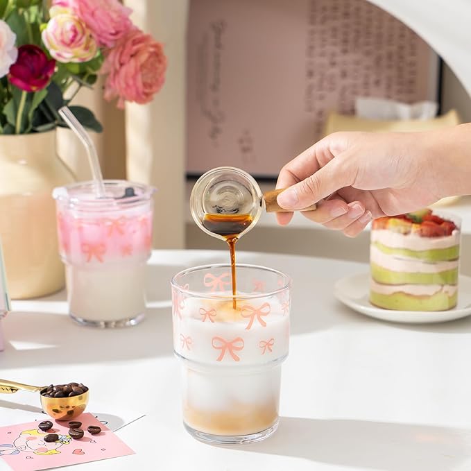 Olvini 13oz Glass Tumbler with Straw and Lid, Reusable Iced Coffee Cup Tumbler, Cute Glass Cups for Water, Matcha, Travel Coffee Mugs (Bow - 13oz)
