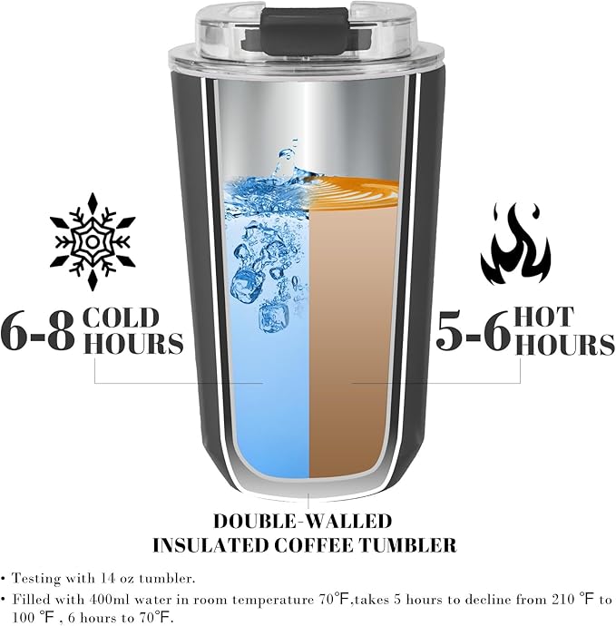 Puraville Insulated Tumblers with Lid, 14 oz Travel Coffee Mug Stainless Steel Vacuum Cup, Leak Proof Reusable Double Walled Coffee Tumbler for Iced and Hot Drinks, Black