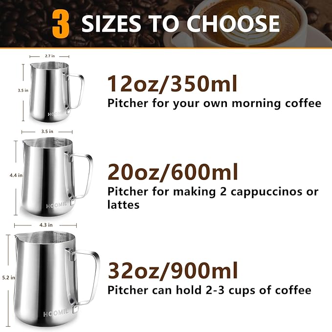 HOOMIL Milk Frothing Pitcher, 12oz/20oz/32oz Stainless Steel Steaming Pitcher Barista Milk Frother Cup Jug for Espresso Machine Coffee Cappuccino Latte Art - 12oz