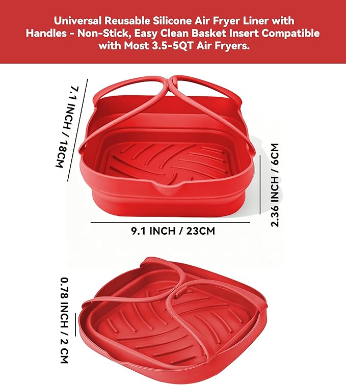 Silicone Air Fryer Liners with Handles: 8.3 Inch Square Reusable Airfryer Basket Liner for 3.5-5 Qt - Baking Tray Insert Cooking Air Fryer Accessories for Cosori Philips Ninja Instant Vortex Red