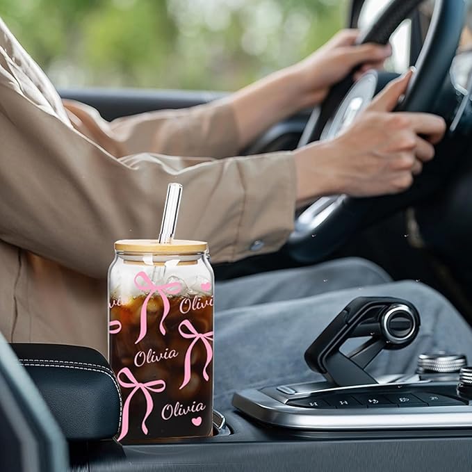 Mason Life Personalized Cups with Bows-Can Shaped Glass with Lids and Straws-18OZ Bow Decor Iced Coffee Cups -Cute Glass Tumbler Birthday Thanksgiving Christmas Gift for Women