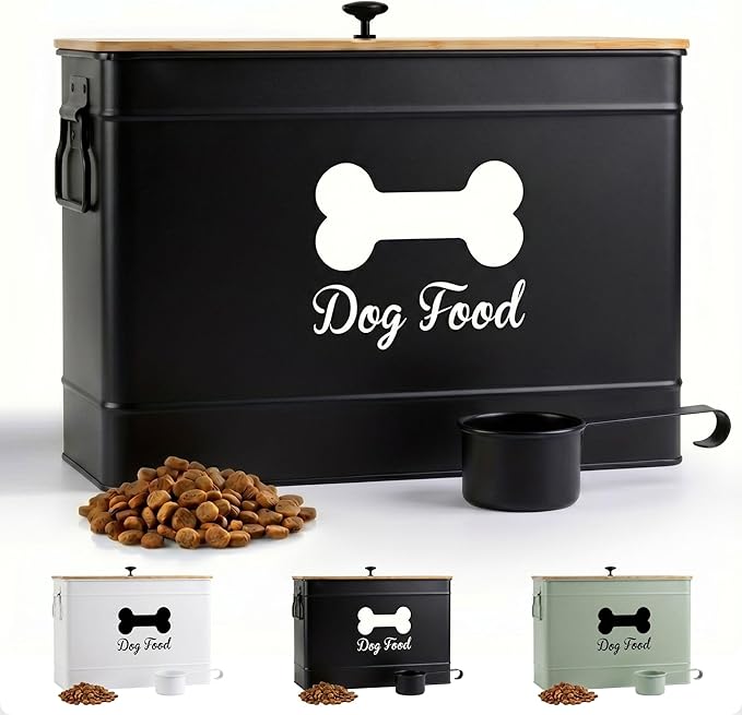 Dog Food Container Airtight 15 lb (50 Cup) Capacity with Metal Scoop - Cute Airtight Dog Food Storage Container with Bamboo Lid - Black Metal Kibble Storage Bin for Dogs up to 100 lbs - Big Pet Jar