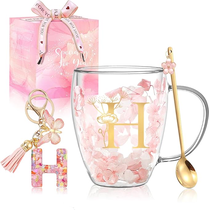 Personalized Gifts for Women Flower Glass Coffee Mug Initial Tea cup Monogrammed Customized Bridesmaid Bride Wedding Gifts Graduation Gifts Valentine Mother's Day Birthday Christmas Gift (H)