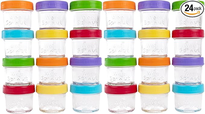 WeeSprout Baby Food Storage Glass Jars w/Lids (4 oz, 24 Pack) Bright Variety, Snack, Reusable Small Containers, Fridge or Freezer, Microwave & Dishwasher Safe, Essentials for Infants