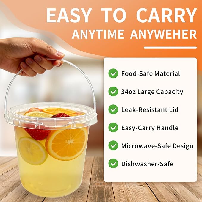 34oz 35pack Drink Buckets with Lids and Straws, Reusable Plastic Bucket Cups for Coffee & Boozy Drinks, Handheld Beverage Buckets for Pool Party, Beach, Picnic, Travel & Outdoor Supplies