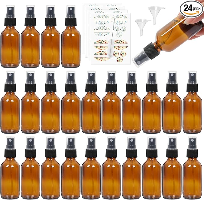 STARSIDE 24 Pack 2oz Amber Glass Spray Bottles with Fine Mist Sprayer,60 ml Glass Travel Bottles for Cosmetic Essential Oils Cleaning Solutions Perfumes & Liquids