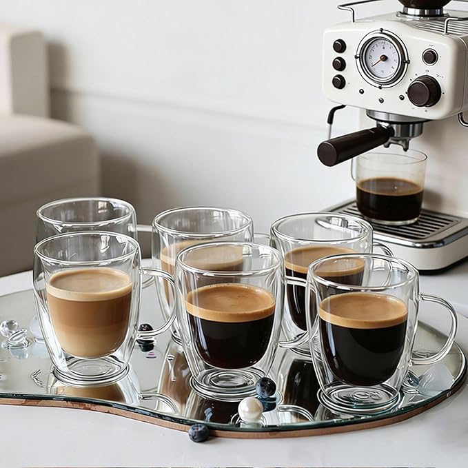 Etolies 6 Pack Double Walled Glass Coffee Mugs with Handle,12oz Borosilicate Glass coffee Cups - Insulated Clear Mugs for Espresso, Cappuccino, Latte, Tea Beverages, Drinking Glasses