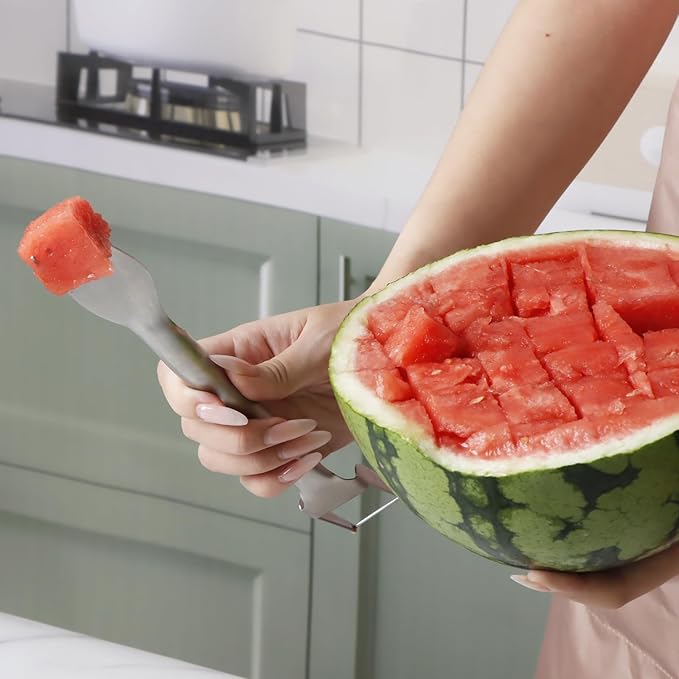 KAYCROWN Stainless Steel Watermelon Fork Slicer, 2-in-1 Quick Cutting Dual Head Watermelon Cutter Fork, Portable Hanging Fruit Forks Slicer for Home Party Camping Kitchen Practical Gadget, Pack of 2