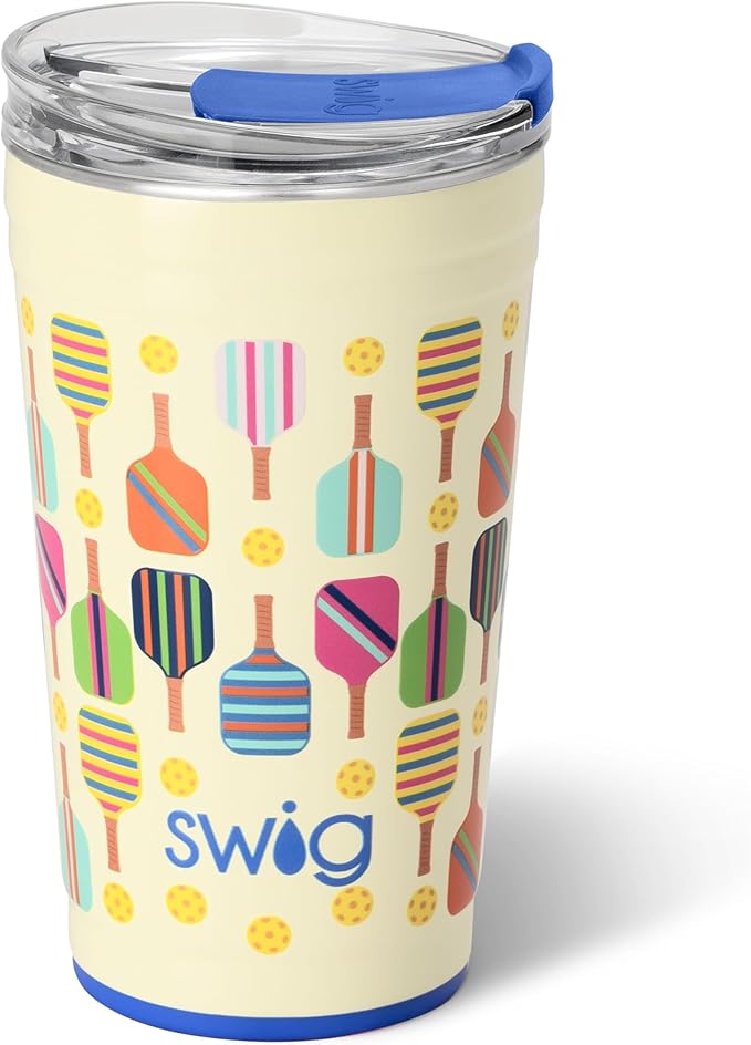 Swig Life 24oz Party Cup, Stackable Insulated Travel Coffee Tumbler with EZ Slider Lid, Cup Holder Friendly, Stainless Steel 24 oz Tumbler, Reusable Coffee Mug (Pickleball)