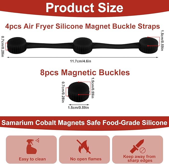 4 Sets Air Fryer Magnet Silicone Buckle, Secure Locking Disposable Liners Heat-Resistant & Prevent Paper Burns Magnetic Clips Holder for All Iron Air Fryer Accessories (Black)