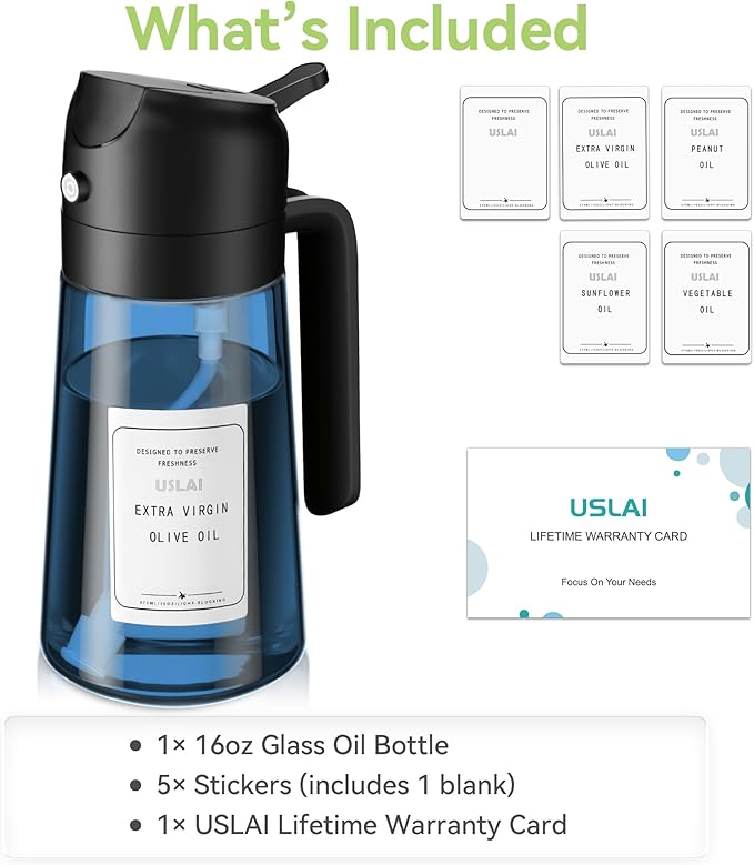 USLAI Oil Sprayer for Cooking, 16oz/470ml 2 in 1 Glass Olive Oil Dispenser Bottle for Kitchen, Air Fryer, BBQ and Salad - Blue