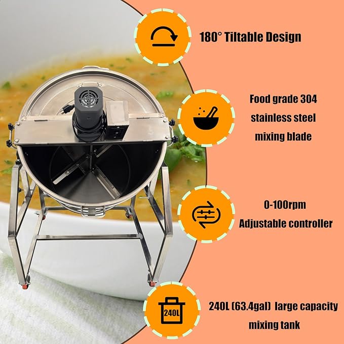 Stainless Steel Automatic Food Mixer 240L/63.4gal Electric Natural Gas Heating Stirrer Electric Pot Stirrer for large restaurants or cafeterias 110V