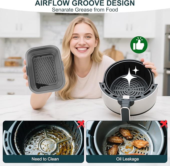 Silicone Air Fryer Liners Collapsible, 8.2 Inch Reusable Air Fryer Liners With lid-Long-lasting Freshness - Easy to Clean Air Fryers Pot for 5.8 to 8 Qt Baking Tray Oven Accessories,Gray