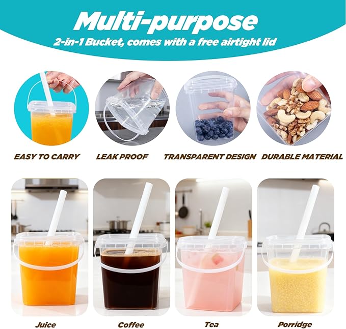 10Pack 34oz Reusable Drink Bucket with Sealed Lid & Straw - Clear Plastic Party Cups for Coffee, Drinks & Ice, Plastic Food Storage Container
