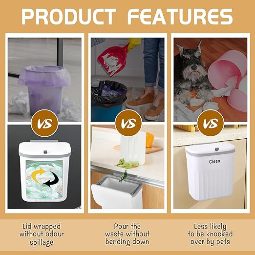 3 Pack Hanging Trash Can with Lid, 12L/3.2 Kitchen Compost Bin for Counter Top & Under Sink, Plastic Waste Basket Wall Mounted Garbage Can for Cupboard/Bathroom/Bedroom/Office/Outside (White)