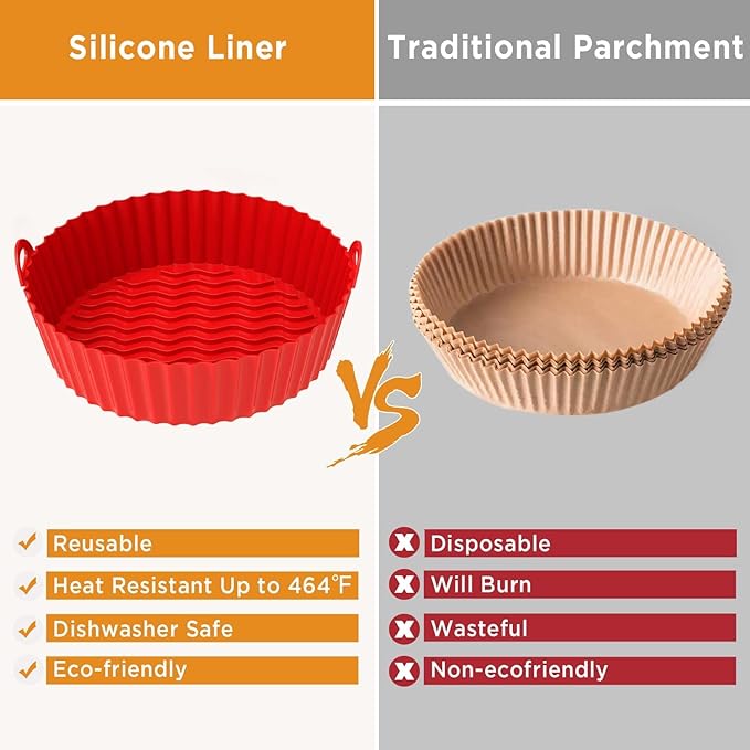OUTXE 2-Pack 8.5inch Air Fryer Silicone Liner Air Fryer Basket, Reusable Air fryers Silicone Pot Round for 5QT - Air fryer Oven Accessories (Red+Pink)