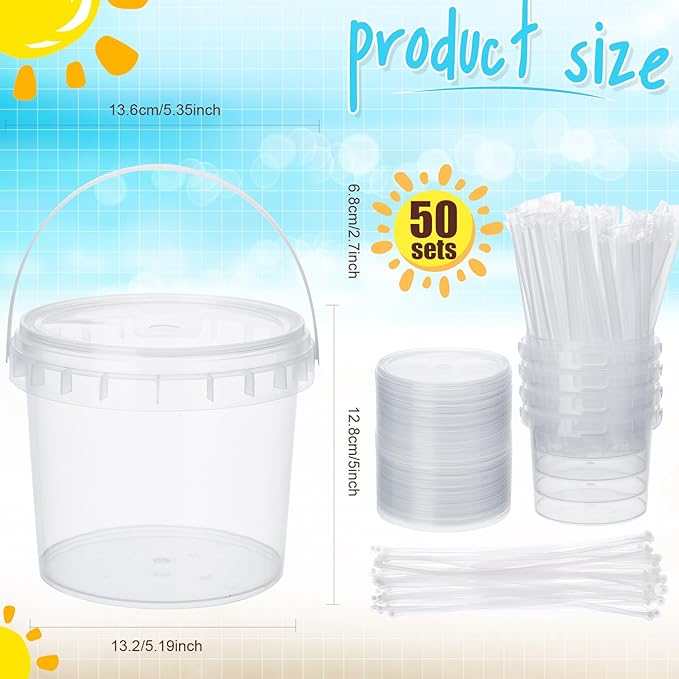 Funnymoom 50 Set 51oz Clear Plastic Drink Buckets with Lids and Straws Disposable Iced Coffee Cups Rum Buckets for Cocktail Parties Smoothie Cup Bulk with Handles for Beach Pool Party Supplies