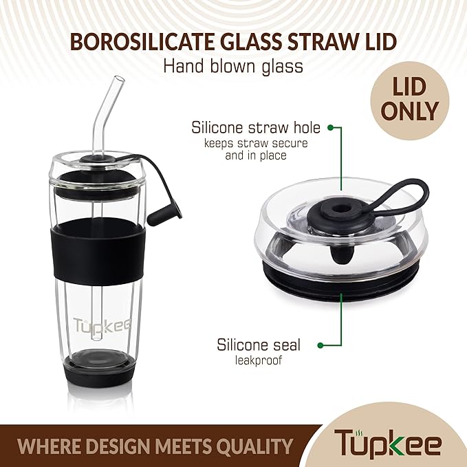 Tupkee Double Wall Glass Tumbler Straw Lid - For Hand Blown Glass Travel Mug, 14-Ounce & 8-Ounce, Black