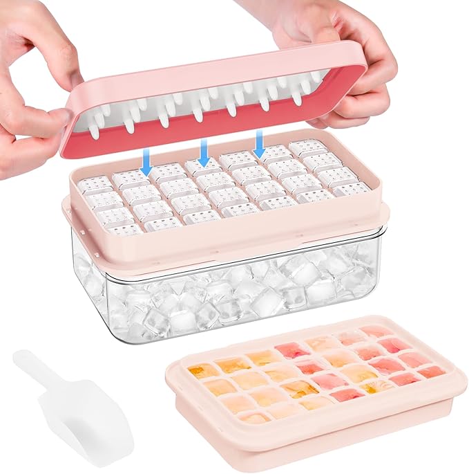 Ice Cube Tray with Lid and Bin, 28 pcs Ice Cubes Molds, Ice Trays for Freezer, Ice Cube Tray Mold, with 1 tray, Ice Freezer Container, Spill-Resistant Removable Lid & Ice Scoop, for Whiskey,Cocktail