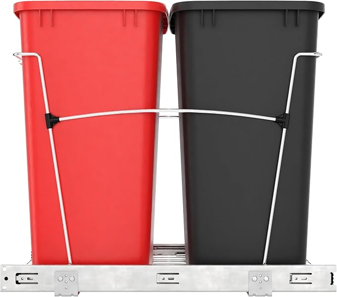 Rev-A-Shelf RV-18KD-1618C-S Double Pullout Trash Can for Kitchen Cabinets 35 Qt Garbage Recycling Bin on Full Extension Slides, Red/Black