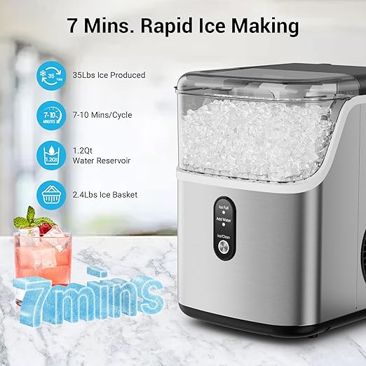 Nugget Ice Makers Countertop 35lbs/Day, Pellet Ice Maker Machine with Self-Cleaning, One-Click Operation Sonic Ice Maker, Pebble Ice Maker for Home/Kitchen/Office