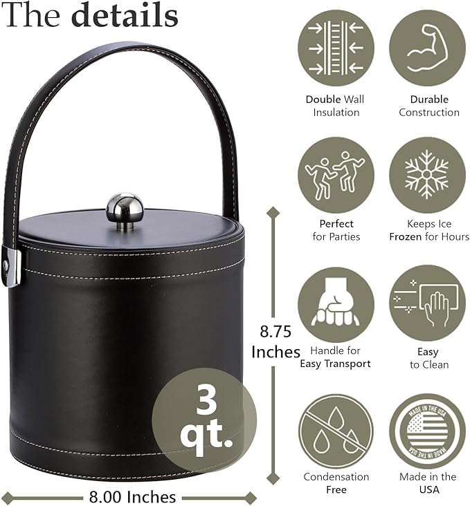 Kraftware Ice Bucket with Stitched Handle, Fabric Lid and Chrome Astro Ball Knob, Black - 3 Quart